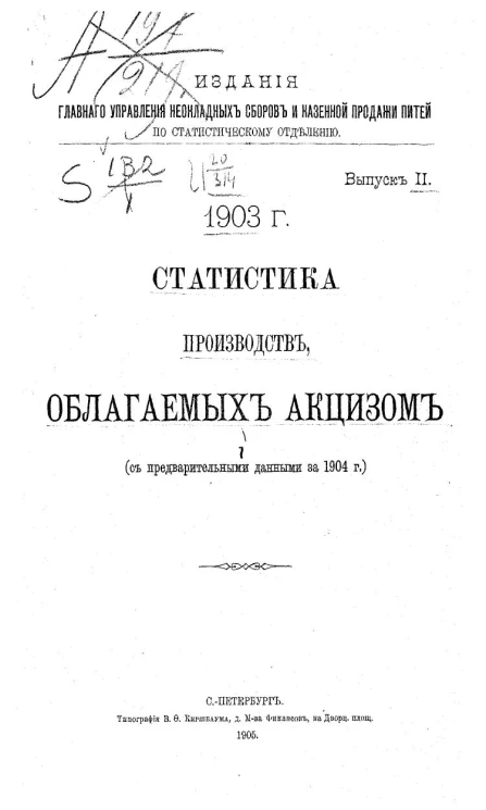 Издания главного управления неокладных сборов и казенной продажи питей. По статистическому отделению. Выпуск 2. 1903 год. Статистика производств, облагаемых акцизом