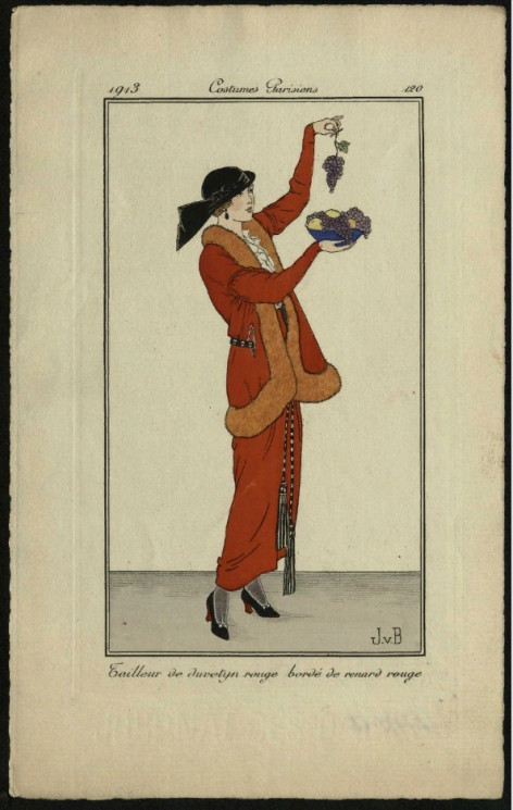 Costumes Parisiens, 1913, 120. Tailleur de duvetyn rouge bordé de renard rouge