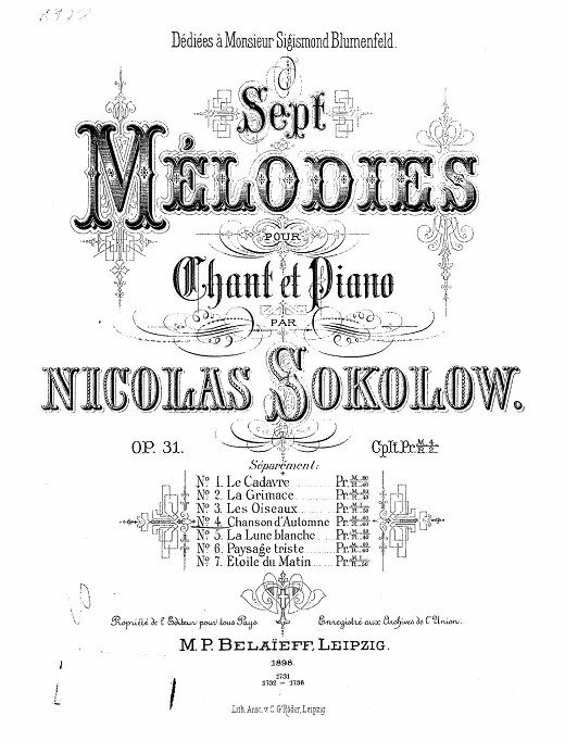 Sept melodies pour chant et piano par Nicolas Sokolow. Op. 31, № 4. Chanson d'automne