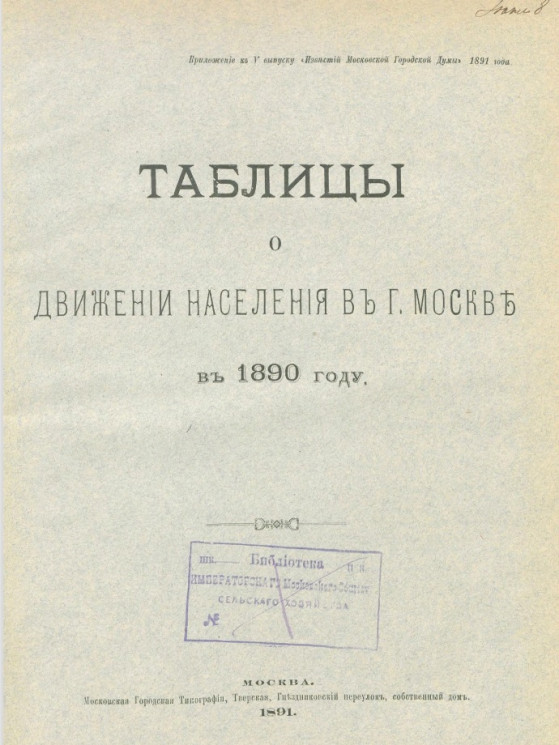 Таблицы о движении населения в городе Москве в 1890 году