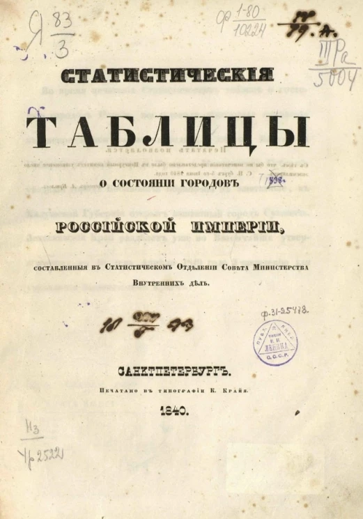 Статистические таблицы о состоянии городов Российской империи, составленные в статистическом отделении совета министерства внутренних дел