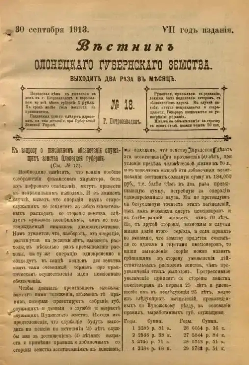 Вестник Олонецкого губернского земства. № 18. 30 сентября 1913. Год издания 7