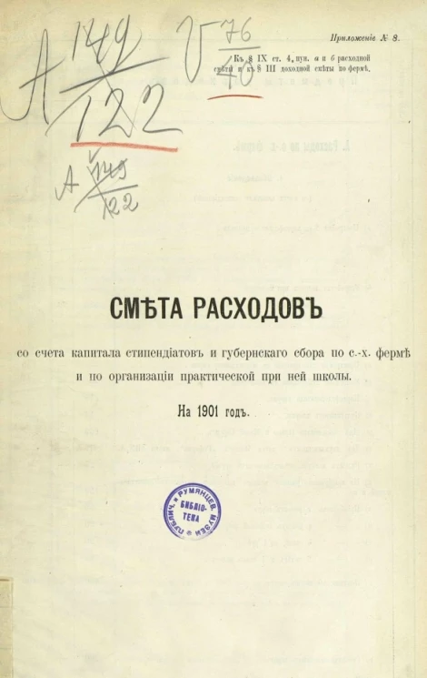 Смета расходов со счета капитала стипендиатов и губернского сбора по сельскохозяйственной ферме и по организации практической при ней школы на 1901 год