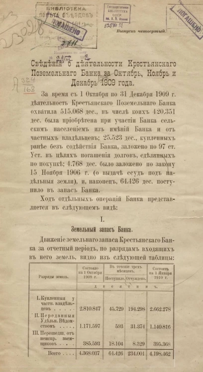 Сведения о деятельности Крестьянского поземельного банка за октябрь, ноябрь и декабрь 1909 года. Выпуск 4