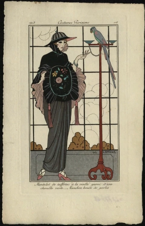 Costumes Parisiens, 1913, 116. Mantelet de taffetas "à la vieille" garni d'une chenille verte. Manchon brodé de perles