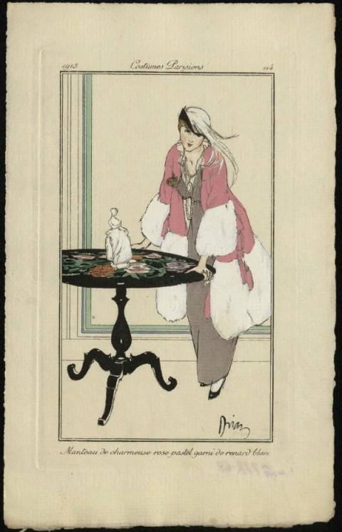 Costumes Parisiens, 1913, 114. Manteau de charmeuse rose pastel garni de renard blanc