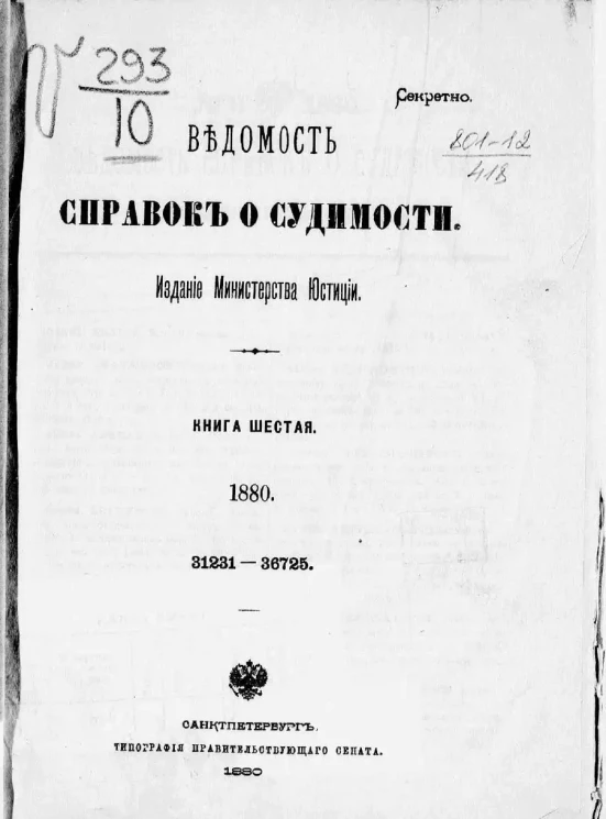 Ведомость справок о судимости, издаваемая министерством юстиции за 1880 год. Книга 6