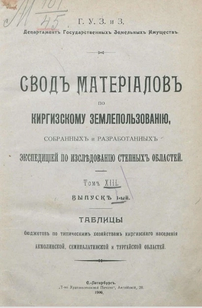 Материалы по киргизскому землепользованию, собранных и разработанных экспедицией по исследованию степных областей. Том 13. Выпуск 1. Таблицы бюджетов по типическим хозяйствам киргизского населения Акмолинской, Семипалатинской и Тургайской областей