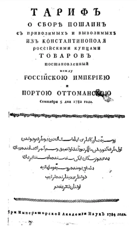 Тариф о сборе пошлин с привозимых и вывозимых из Константинополя российскими купцами товаров, постановленный между Российскою империею и Портою Оттоманскою сентября 5 дня 1782 года
