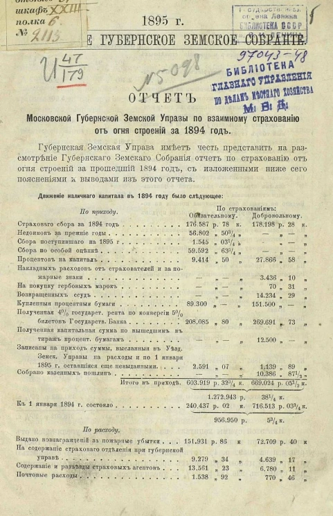 Московское губернское земское собрание. Отчет Московской губернской земской управы по взаимному страхованию от огня строений за 1894 год