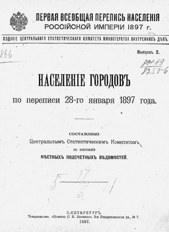 Первая Всеобщая перепись населения Российской империи 1897 года. Выпуск 2. Население городов по переписи 28 января 1897 года