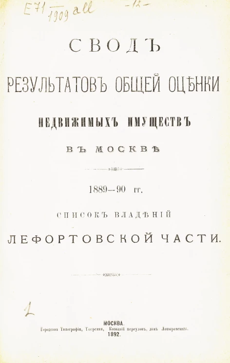 Свод результатов общей оценки недвижимых имуществ в Москве. 1889-90 годы. Список владений Лефортовской части
