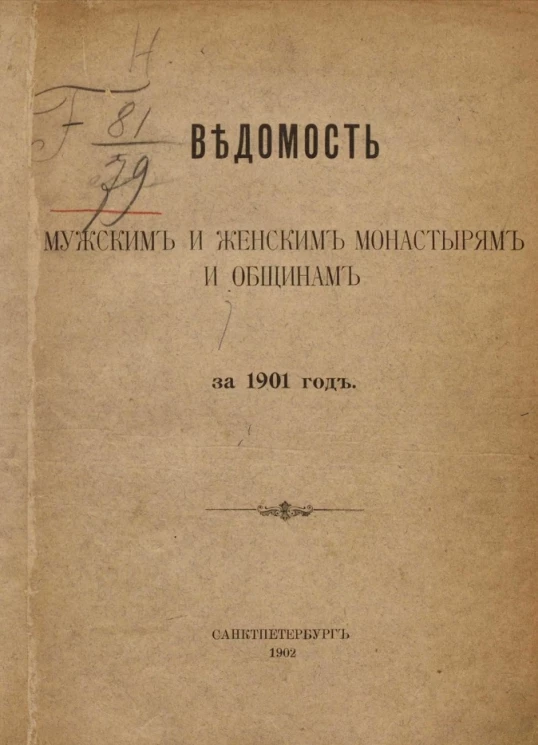 Ведомость мужским и женским монастырям и общинам за 1901 год