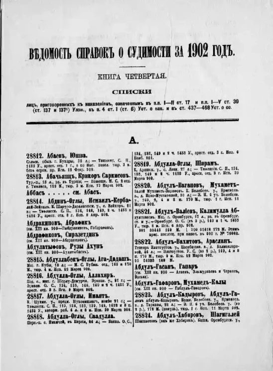 Ведомость справок о судимости, издаваемая министерством юстиции за 1902 год. Книга 4