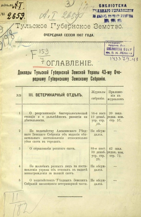 Тульское губернское земство. Очередная сессия 1907 года. Доклады Тульской губернской земской управы 43-му очередному губернскому земскому собранию. III. Ветеринарный отдел