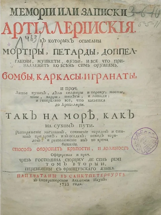 Мемории или записки артиллерийские, в которых описаны мортиры, петарды, доппельгакены, мушкеты, фузеи, и все что принадлежит ко всем сим оружиям