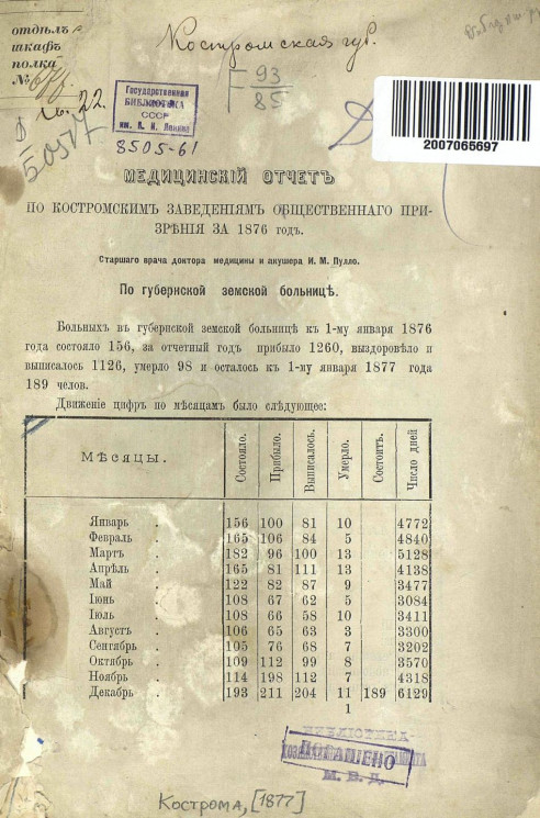 Медицинский отчет по Костромским заведениям общественного призрения за 1876 год