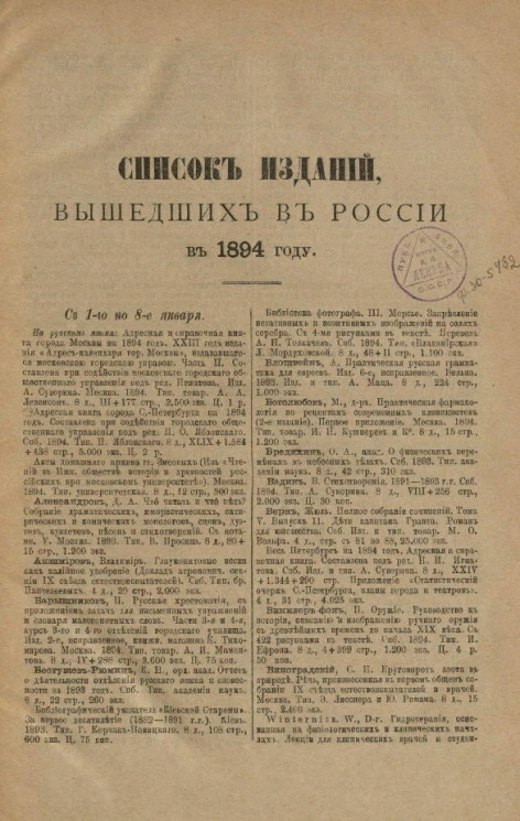 Список изданий, вышедших в России в 1894 году