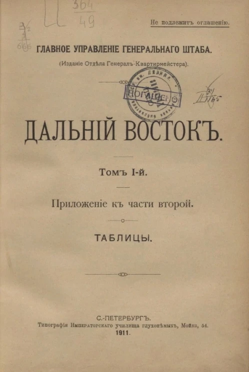 Главное управление генерального штаба. Дальний Восток. Том 1. Приложение к части второй. Таблицы