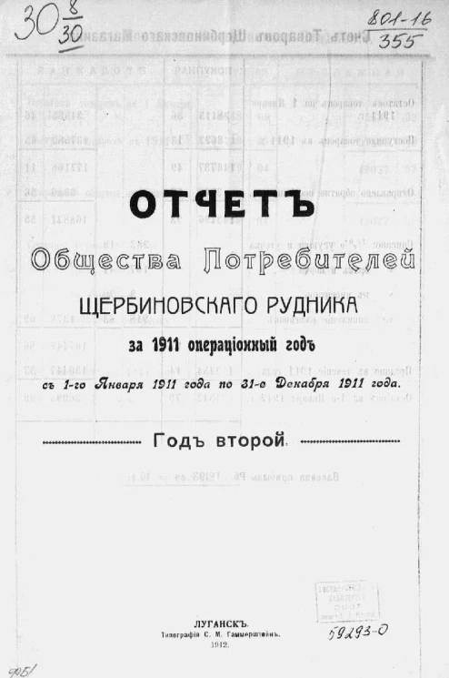 Отчет общества потребителей Щербиновского рудника за 1911 операционный год с 1-го января 1911 по 31 декабря 1911 года. Год 2