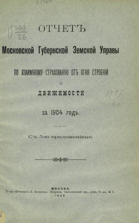 Отчет Московской губернской земской управы по взаимному страхованию от огня строений и движимости за 1904 год  с 5-ю приложениями