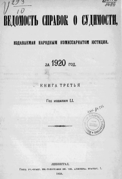 Ведомость справок о судимости, издаваемая народным комиссариатом юстиции за 1920 год. Книга 3