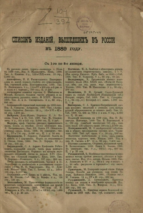 Список изданий, вышедших в России в 1889 году