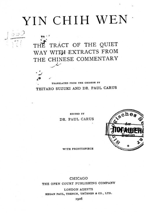 Yin Chin Wen. The tract of the quiet way with extracts from the Chinese commentary
