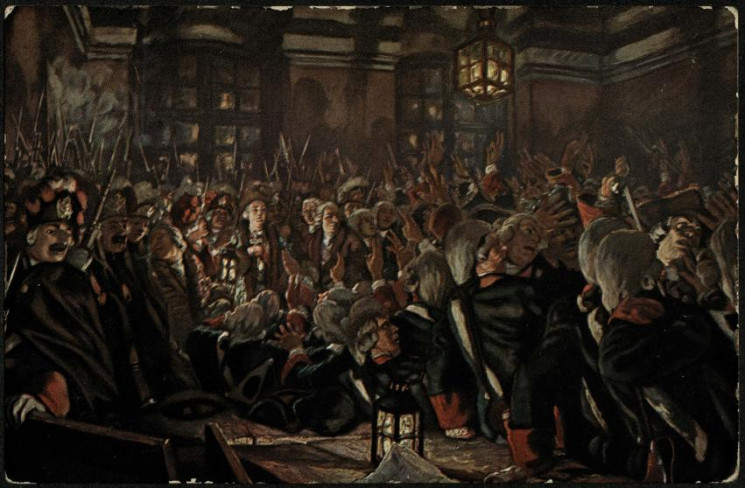 Евгений Евгеньевич Лансере. Цесаревна Елизавета у Преображенских казарм 25 ноября 1741 года. Почтовая карточка