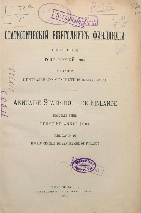 Статистический ежегодник Финляндии. Annuaire statistique de Finlande. 1904 год