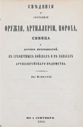 Сведения о состоянии оружия, артиллерии, пороха, свинца и других главных военных потребностей в сухопутных войсках и в запасах артиллерийского ведомства (кроме Кавказа) по 1 сентября 1860 года