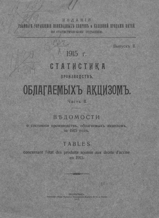 Издания главного управления неокладных сборов и казенной продажи питей. По статистическому отделению. Выпуск 2. 1915 год. Статистика производств, облагаемых акцизом. Часть 2