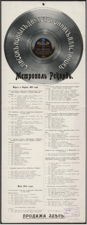 Список новых двухсторонних пластинок пластинок. Метрополь Рекорд. Март и Апрель 1913 года