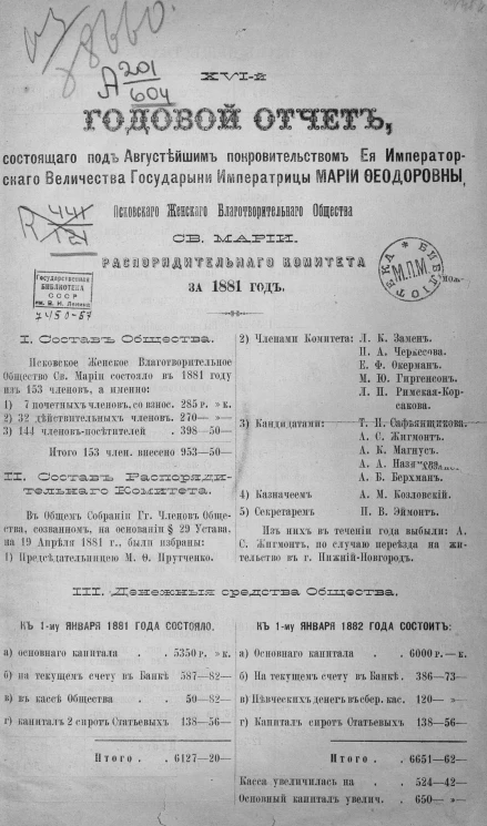 16-й годовой отчет, состоящего под Августейшим покровительством Ее Императорского Величества Государыни Императрицы Марии Федоровны, Псковского женского благотворительного общества святой Марии, распорядительного комитета за 1881 год