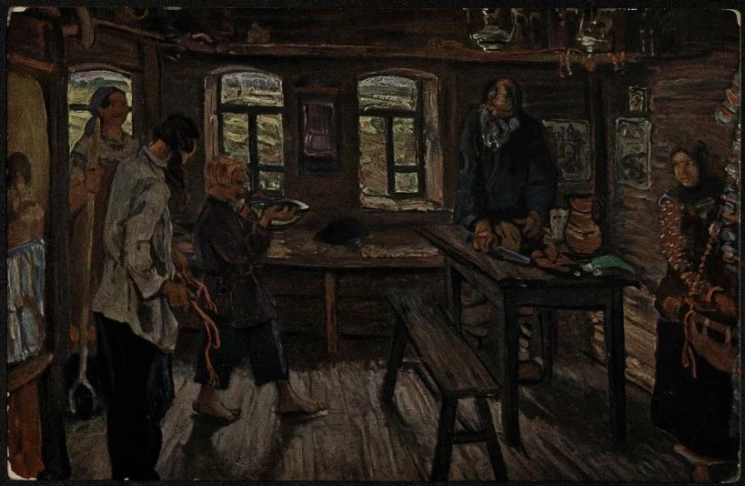 Сергей Васильевич Малютин. В крестьянской избе. Почтовая карточка