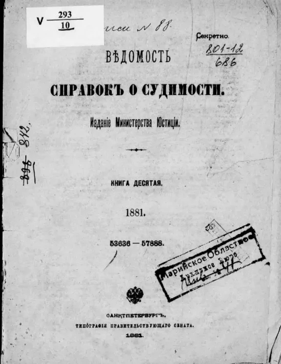 Ведомость справок о судимости, издаваемая министерством юстиции за 1881 год. Книга 10