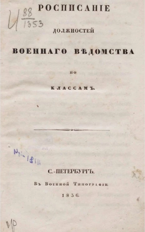 Расписание должностей военного ведомства по классам