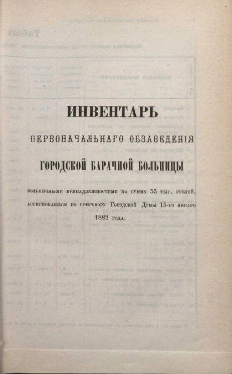 Инвентарь первоначального обзаведения городской брачной больницы больничными принадлежностями на сумму 55 тыс., ассигнованную по приговору Городской Думы 15-го января 1882 года 