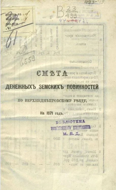 Смета денежных земских повинностей по Верхнеднепровскому уезду на 1871 год