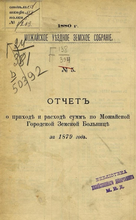 Можайское уездное земское собрание, 1880 год, № 5. Отчет о приходе и расходе сумм по Можайской Городской Земской больнице за 1879 год