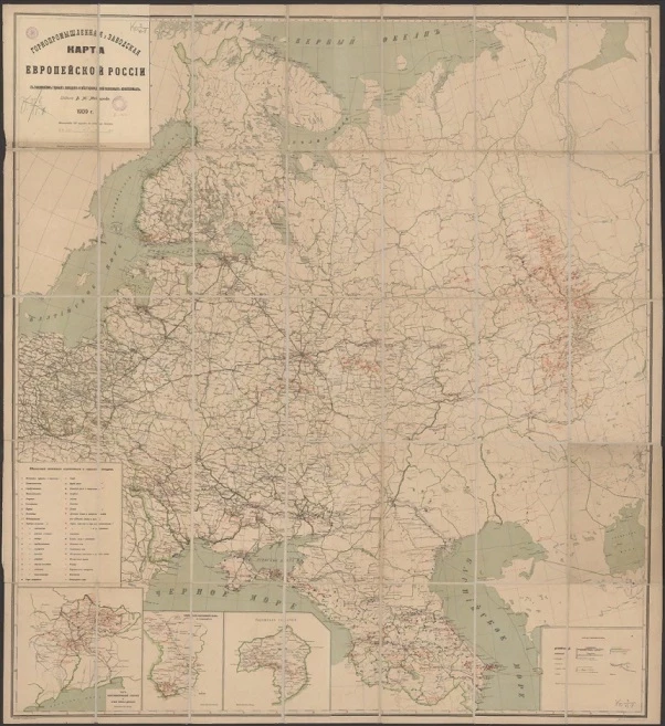 Горнопромышленная и заводская карта Европейской России с показанием горных заводов и месторождений полезных ископаемых