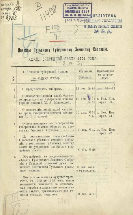 Доклады Тульскому губернскому земскому собранию. 37-й очередной сессии 1901 года, № 1-8, 10-31