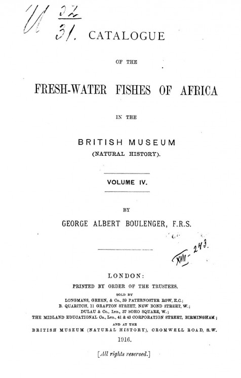 Catalogue of the fresh-water fishes of Africa in the British Museum (Natural history). Vol. 4