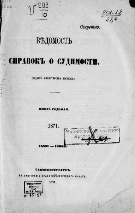 Ведомость справок о судимости. Книга 7. 1871. 15881-18998