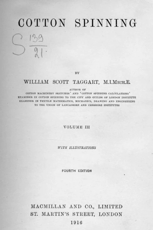 Cotton spinning. Vol. 3. 4 edition