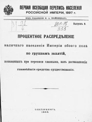 Первая всеобщая перепись населения Российской империи 1897 года. Выпуск 8. Процентное распределение наличного населения империи обоего пола по группам занятий, показанных при переписи главными, как доставляющая главнейшие средства существования