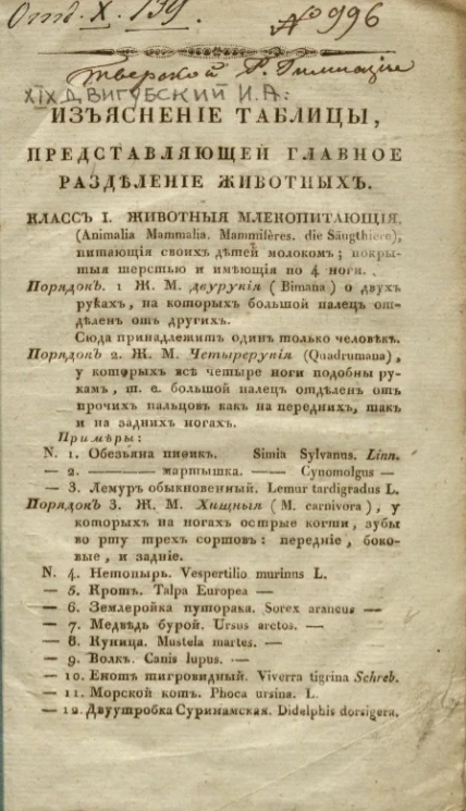 Изъяснение таблицы, представляющей главное разделение животных