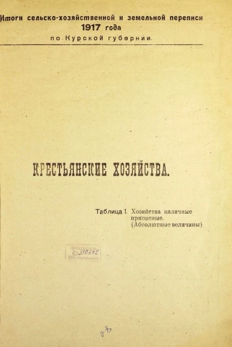 Итоги сельско-хозяйственной и земельной переписи 1917 года по Курской губернии. Крестьянские хозяйства