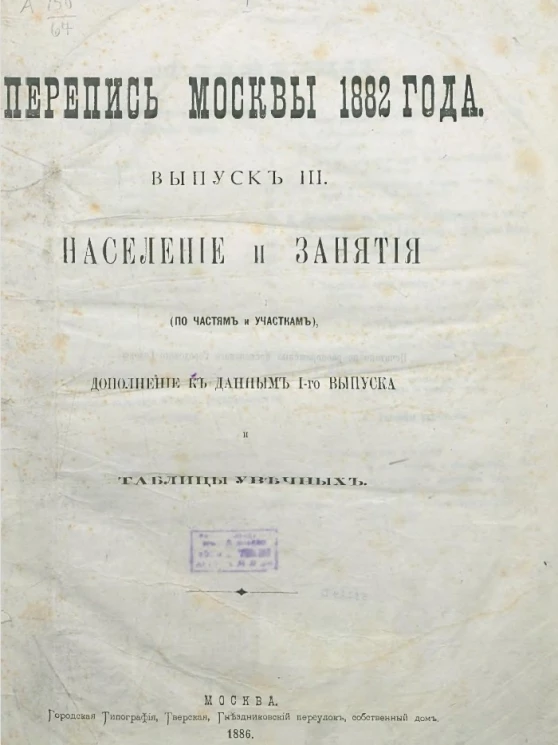 Перепись Москвы 1882 года. Выпуск 3. Население и занятия (по частям и участкам), дополнение к данным 1-го выпуска и таблицы увечных