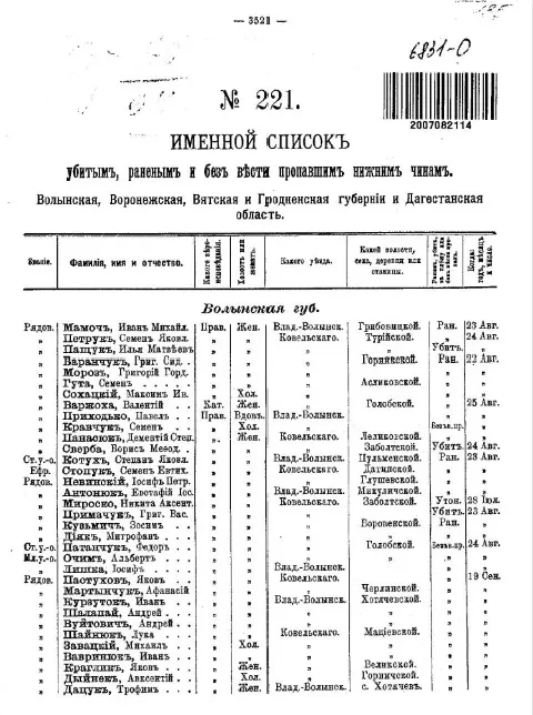 Именной список убитым, раненым и без вести пропавшим солдатам и нижним чинам №№ 221